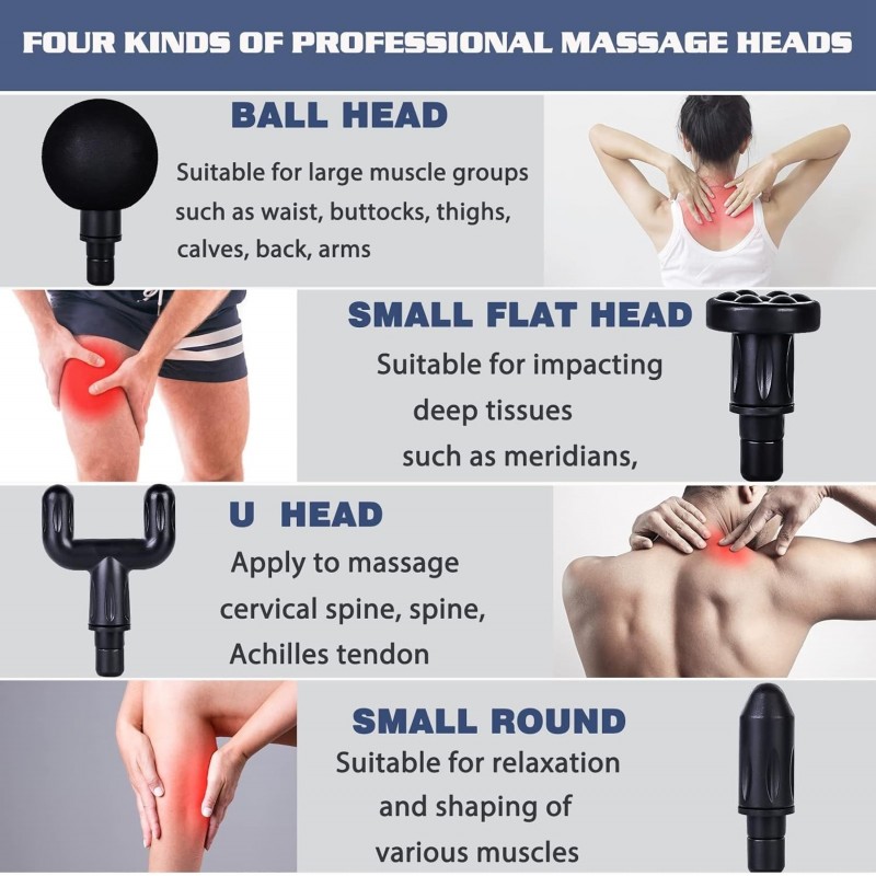 Pistolet de massage musculaire, mini masseur musculaire portable ultra silencieux avec 4 têtes de massage, 6 vitesses