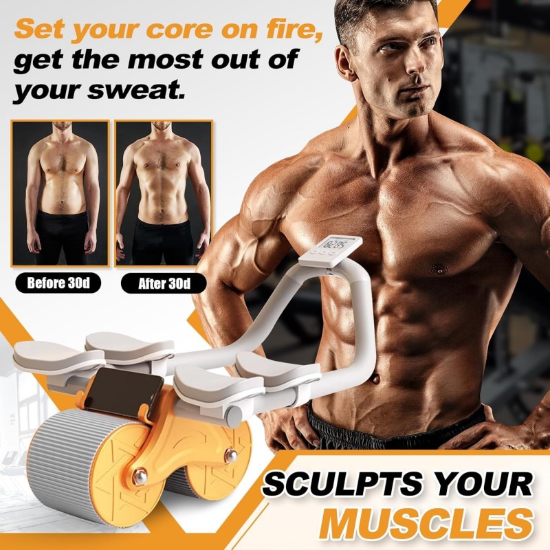 Ailinkor Roue abdominale – Rouleau abdominal avec support de coude, roue abdominale à rebond automatique avec 4 coudières,