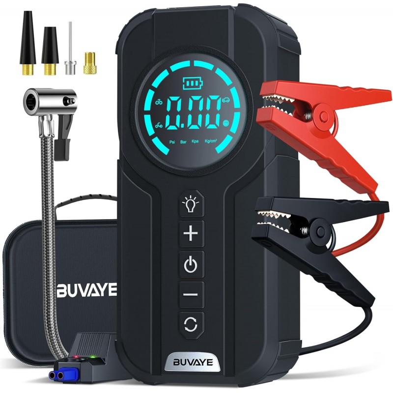 BUVAYE Booster Batterie Voiture avec Compresseur,2000A Jump Starter Portable Booster De Batterie(Jusqu’à 7L Gaz Ou 5L
