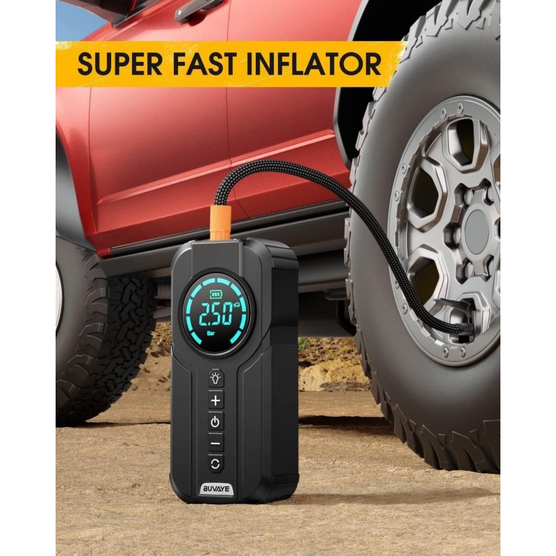 BUVAYE Booster Batterie Voiture avec Compresseur,2000A Jump Starter Portable Booster De Batterie(Jusqu’à 7L Gaz Ou 5L