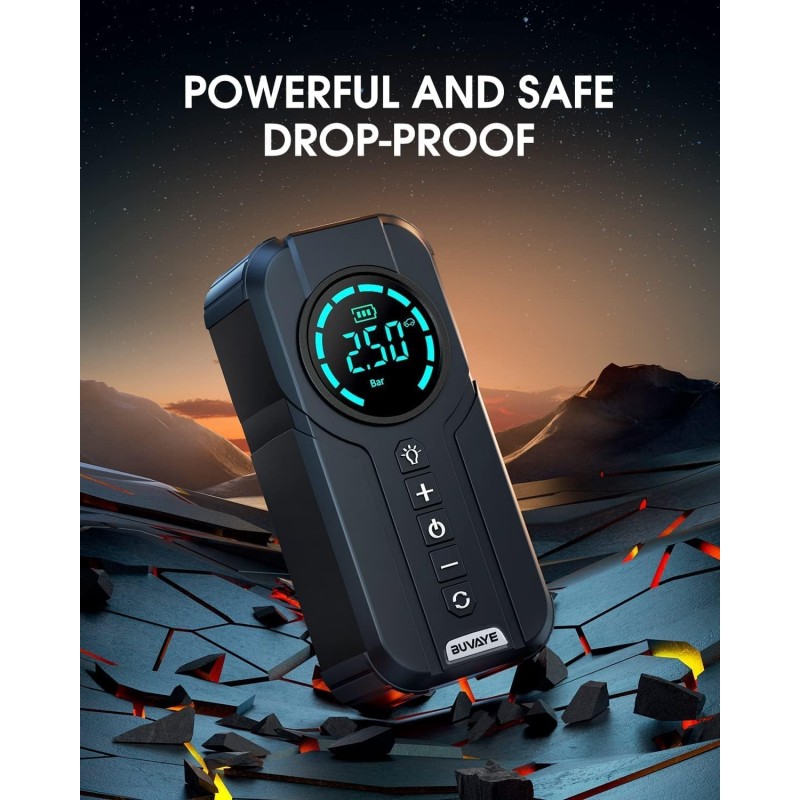 BUVAYE Booster Batterie Voiture avec Compresseur,2000A Jump Starter Portable Booster De Batterie(Jusqu’à 7L Gaz Ou 5L