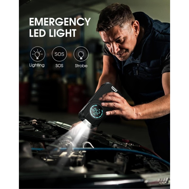 BUVAYE Booster Batterie Voiture avec Compresseur,2000A Jump Starter Portable Booster De Batterie(Jusqu’à 7L Gaz Ou 5L