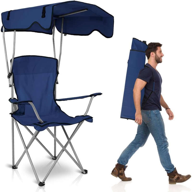 Chaise de camping avec auvent, chaise pliante pour l'extérieur avec parasol réglable UPF 50 + et porte-table, inclinable