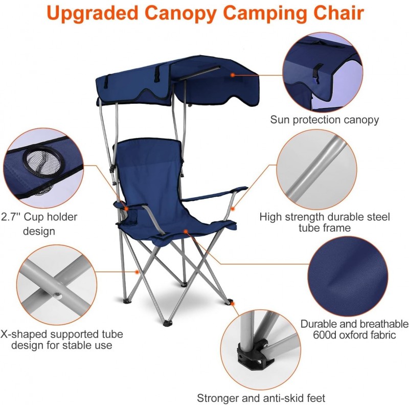 Chaise de camping avec auvent, chaise pliante pour l'extérieur avec parasol réglable UPF 50 + et porte-table, inclinable