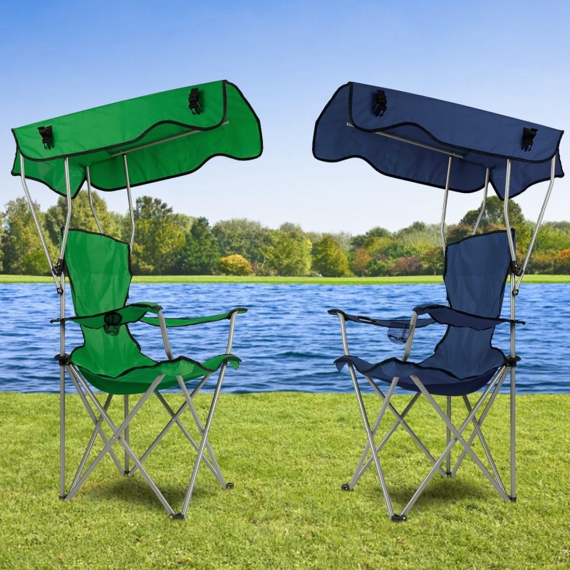 Chaise de camping avec auvent, chaise pliante pour l'extérieur avec parasol réglable UPF 50 + et porte-table, inclinable