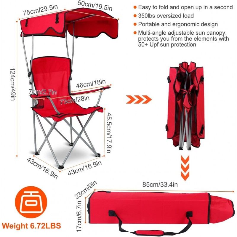Chaise de camping avec auvent, chaise pliante pour l'extérieur avec parasol réglable UPF 50 + et porte-table, inclinable