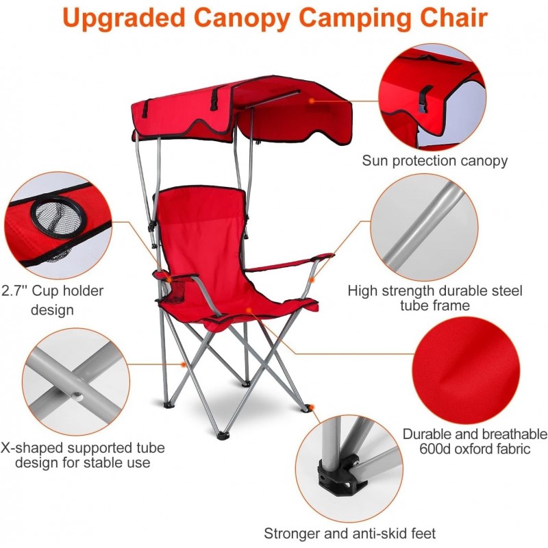 Chaise de camping avec auvent, chaise pliante pour l'extérieur avec parasol réglable UPF 50 + et porte-table, inclinable