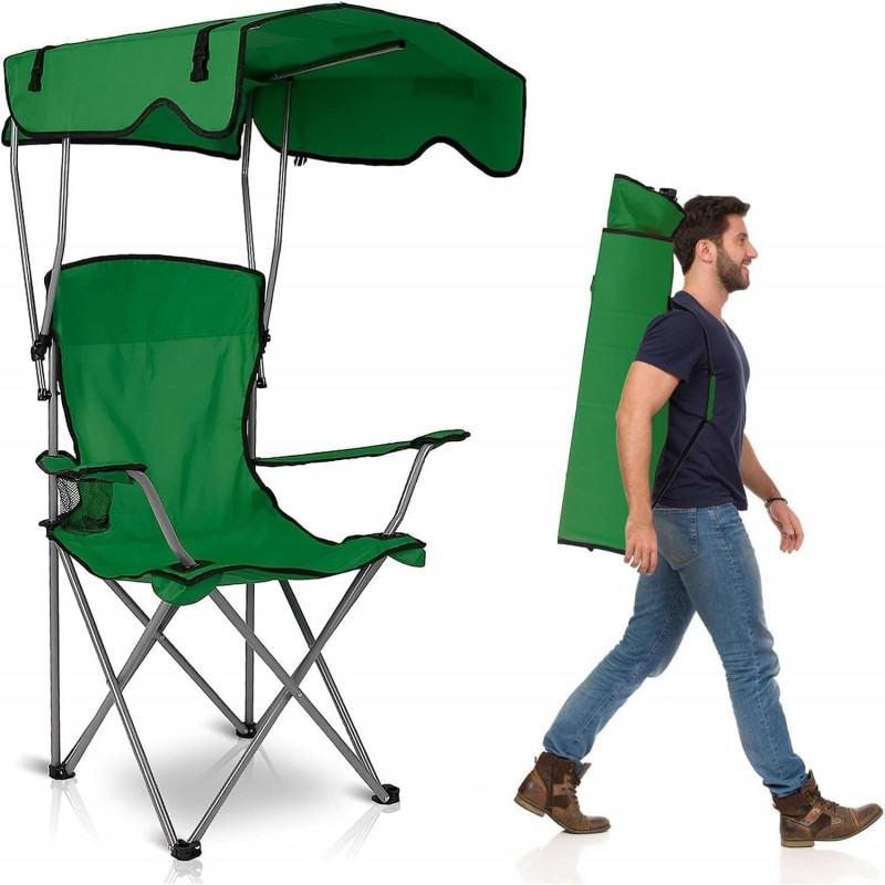Chaise de camping avec auvent, chaise pliante pour l'extérieur avec parasol réglable UPF 50 + et porte-table, inclinable