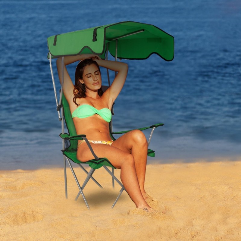 Chaise de camping avec auvent, chaise pliante pour l'extérieur avec parasol réglable UPF 50 + et porte-table, inclinable