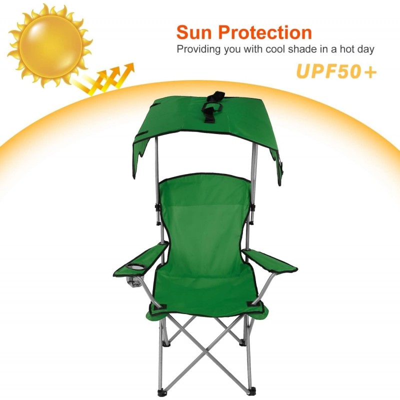 Chaise de camping avec auvent, chaise pliante pour l'extérieur avec parasol réglable UPF 50 + et porte-table, inclinable