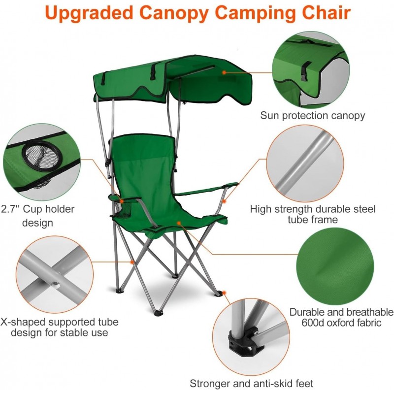 Chaise de camping avec auvent, chaise pliante pour l'extérieur avec parasol réglable UPF 50 + et porte-table, inclinable