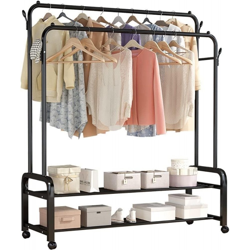 Portant à vêtements sur roulettes – Portant à vêtements portable robuste avec double rail et support de rangement à 2 couches –