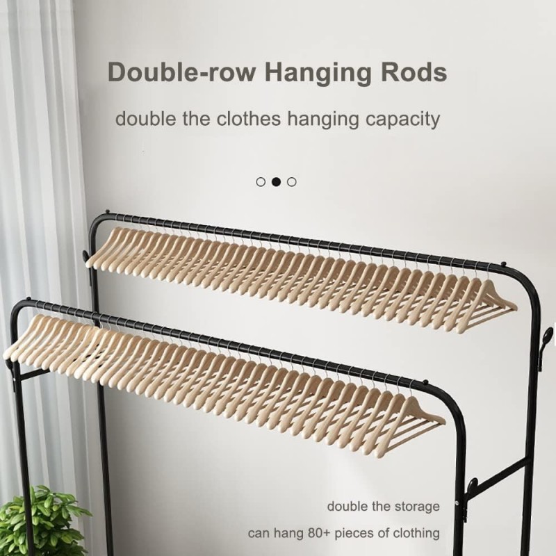 Portant à vêtements sur roulettes – Portant à vêtements portable robuste avec double rail et support de rangement à 2 couches –