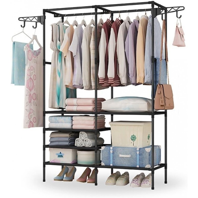 Porte-vêtements, grand porte-vêtements, étagères en métal 4 couches avec 3 barres suspendues, armoire autoportante, armoire en