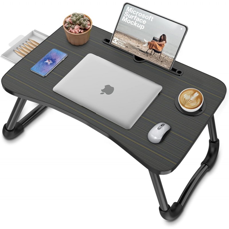 Zapuno Foldable Laptop Bed Table Multi-Function Lap Serving Tray Dining Table with Storage Drawer and Water Bottle Holder, Slot
