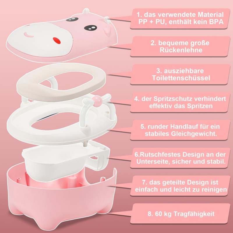 Jopassy Pot pour enfants, pot pour enfant avec motif vache, type de tiroir, toilettes avec poignées, brosse, coussin en